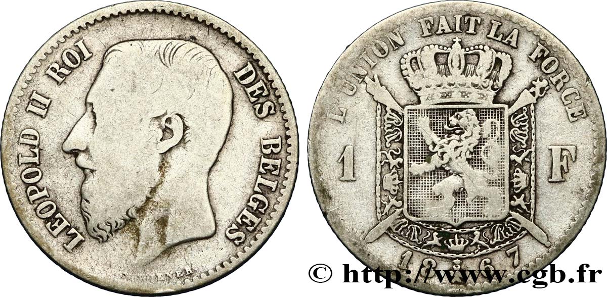 BELGIQUE 1 Franc Léopold II légende françaised 1867  TB 