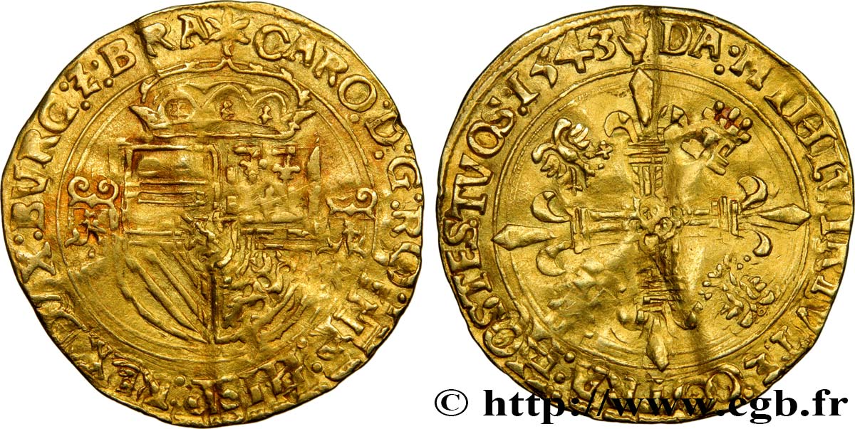 SPANISH NETHERLANDS - DUCHY OF BRABANT - CHARLES V  Couronne d’or au soleil 1543 Anvers XF 