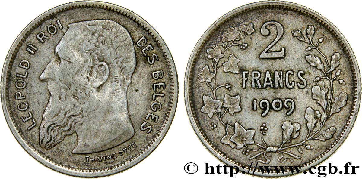 BÉLGICA 2 Francs Léopold II légende française 1909  BC+ 