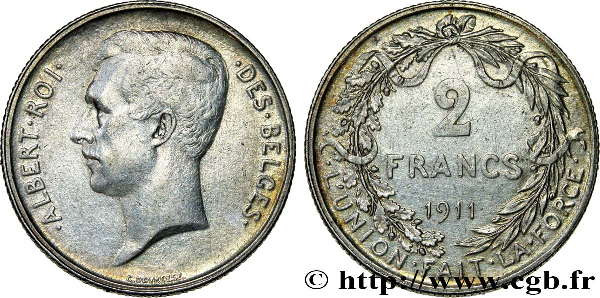 BELGIEN 2 Francs Albert Ier légende française 1911  fVZ 