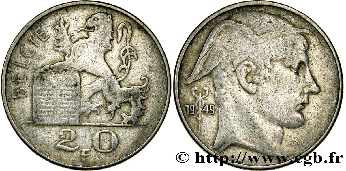 BÉLGICA 20 Francs Mercure, légende flamande 1949  BC+ 