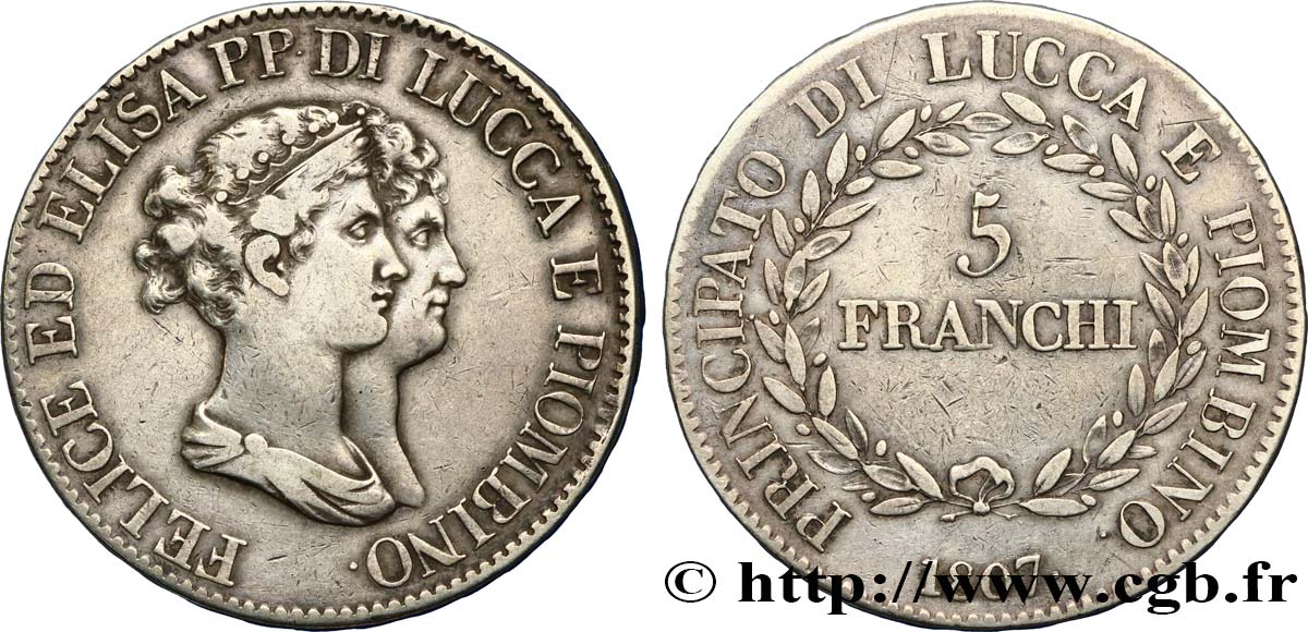ITALIEN - FÜRSTENTUM LUCQUES UND PIOMBINO - FÉLIX BACCIOCHI AND ELISA BONAPARTE 5 Franchi 1807 Florence fSS 