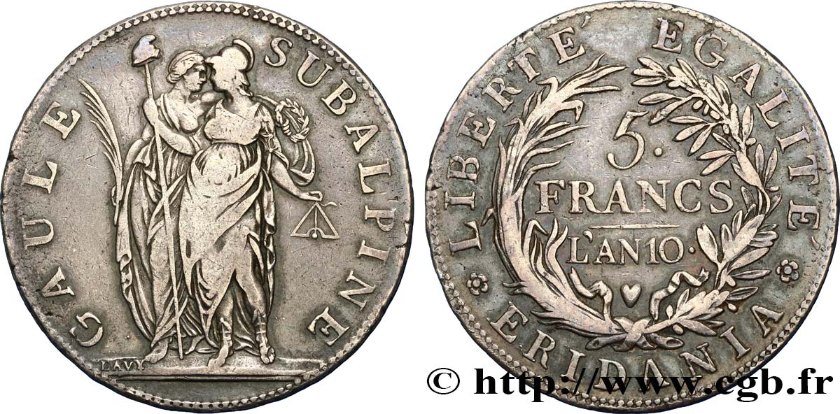 ITALY - SUBALPINE GAUL 5 Francs an 10 1802 Turin VF/XF 