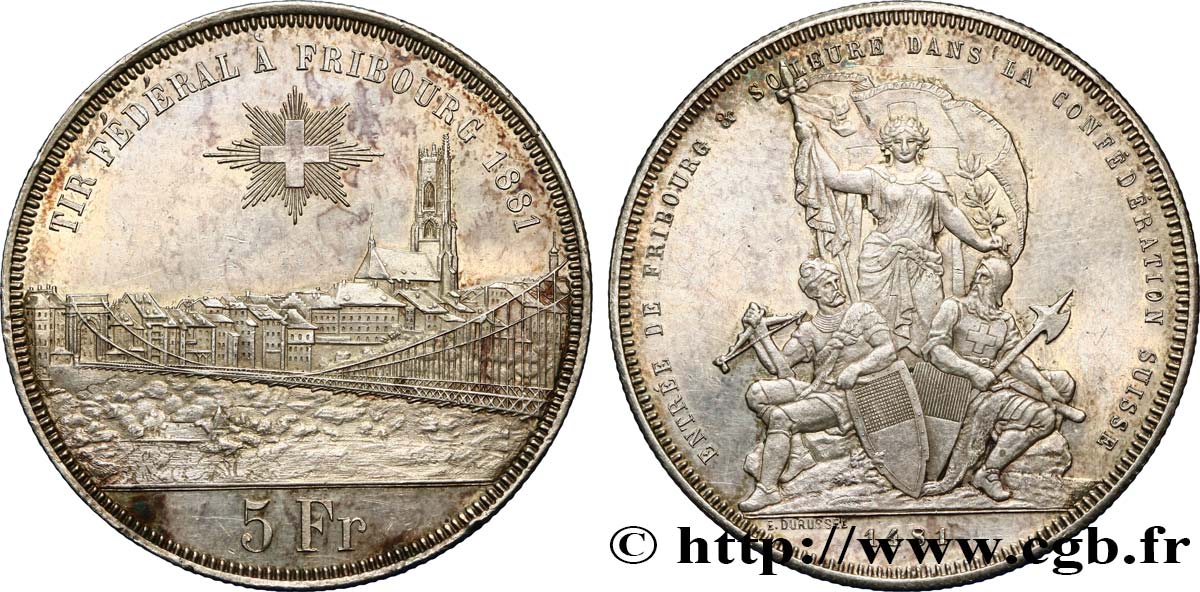 SUISSE - CANTON DE FRIBOURG 5 Francs, monnaie de Tir 1881  AU 