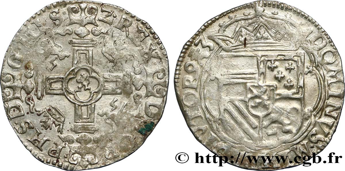 SPANISH LOW COUNTRIES - TOURNAI - PHILIPPE II OF SPAIN Double patard 1593 Tournai AU 