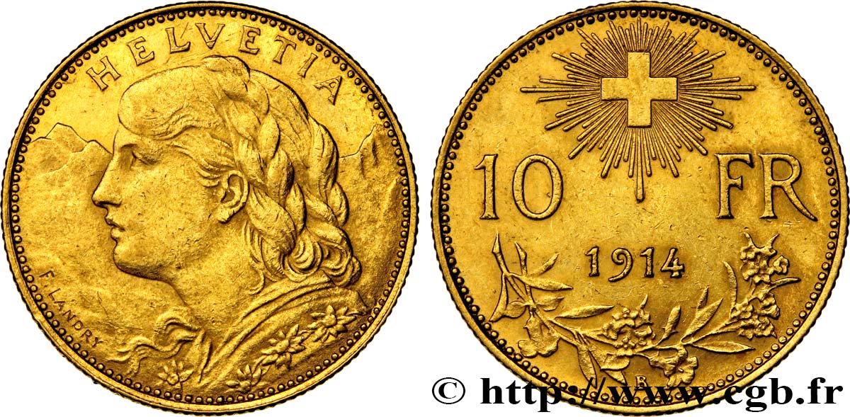 SUIZA 10 Francs or  Vreneli  1914 Berne MBC+ 