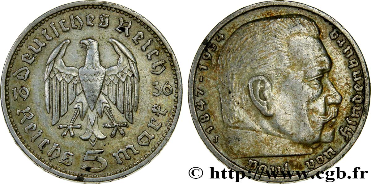ALLEMAGNE 5 Reichsmark Maréchal Paul von Hindenburg 1936 Hambourg TTB 