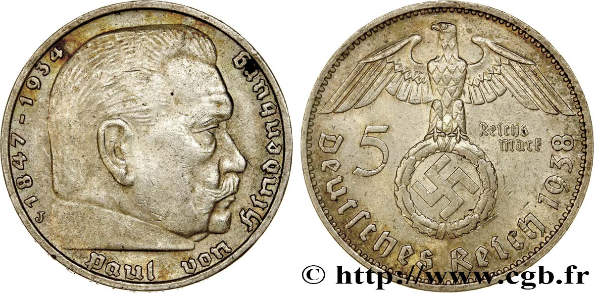DEUTSCHLAND 5 Reichsmark Aigle / Maréchal Paul von Hindenburg 1938 Hambourg VZ 