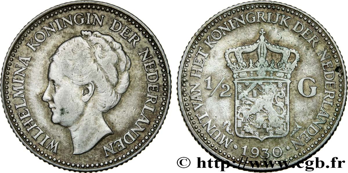 NETHERLANDS 1/2 Gulden Wilhelmina 1930  XF 