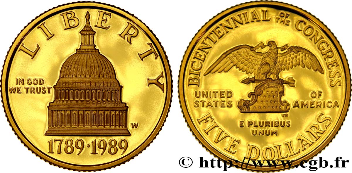 ÉTATS-UNIS D AMÉRIQUE 5 Dollars Proof bicentennaire du Congrès 1989  FDC 