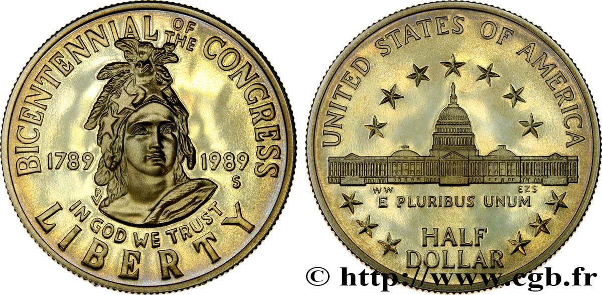VEREINIGTE STAATEN VON AMERIKA 1/2 Dollar Proof bicentennaire du Congrès buste de la Liberté / bâtiment du Capitole 1989 San Francisco - S ST 