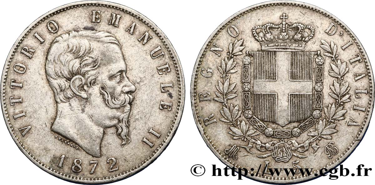 ITALIA 5 Lire Victor Emmanuel II 1872 Milan MB 