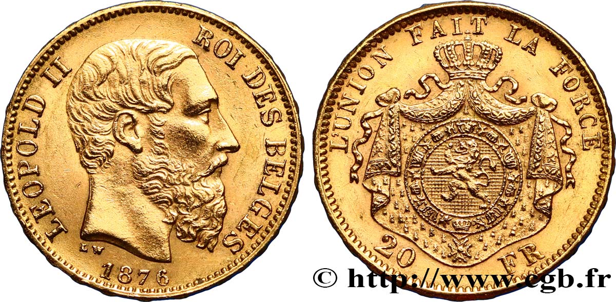 BELGIEN 20 Francs Léopold II tranche B 1876 Bruxelles fVZ 
