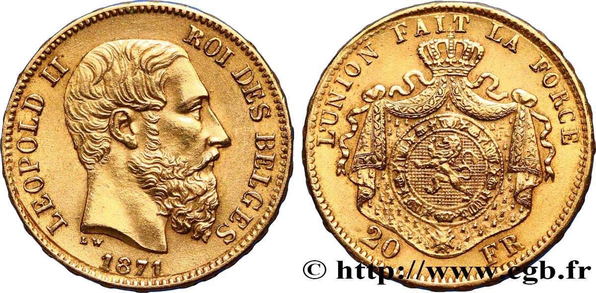 BELGIQUE 20 Francs Léopold II 1871 Bruxelles TTB+ 