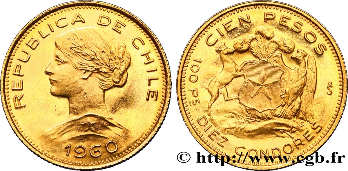 CHILE
 100 Pesos or ou 10 condores en or, 2e type buste de la République 1960 Santiago SC 