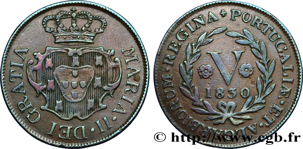 AZORES 5 Reis Marie II 1830  VF 