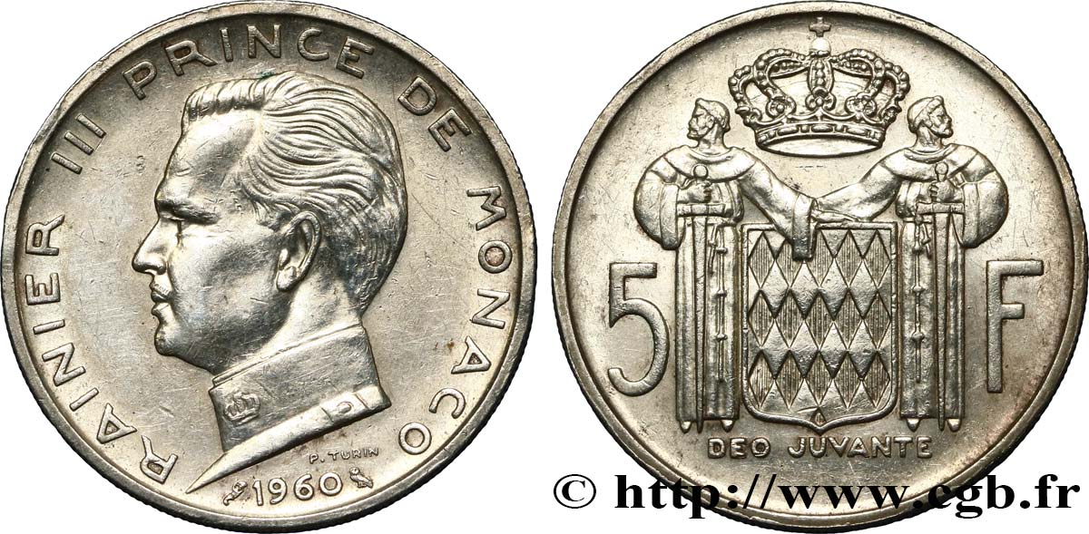 MONACO 5 Francs Rainier III 1960 Paris AU 