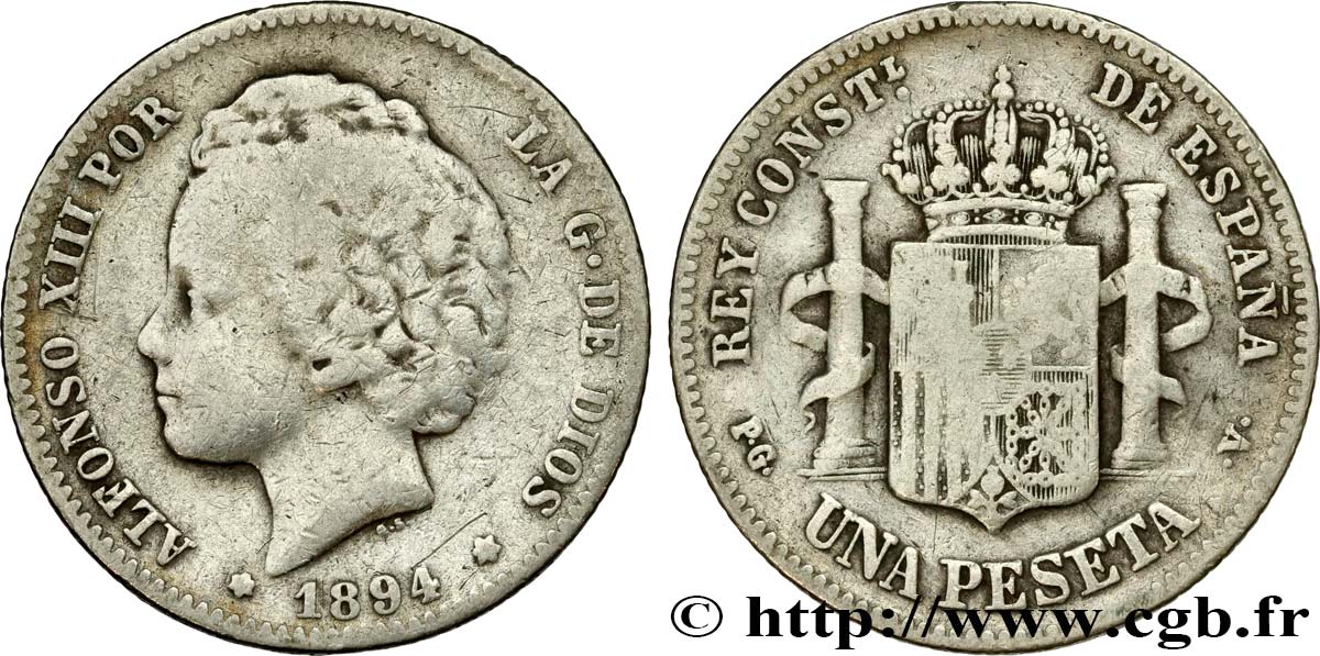 SPAGNA 1 Peseta Alphonse XIII 2e type / emblème couronné (1893) 1894 Madrid MB 
