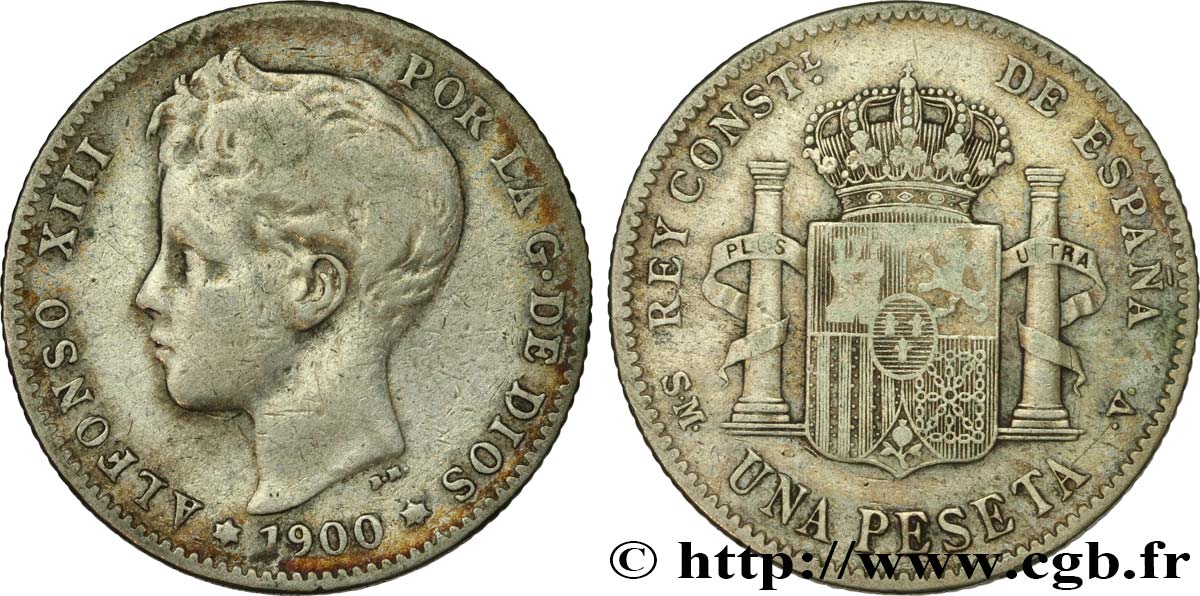 SPAGNA 1 Peseta Alphonse XIII 3e type 1900 Madrid MB 