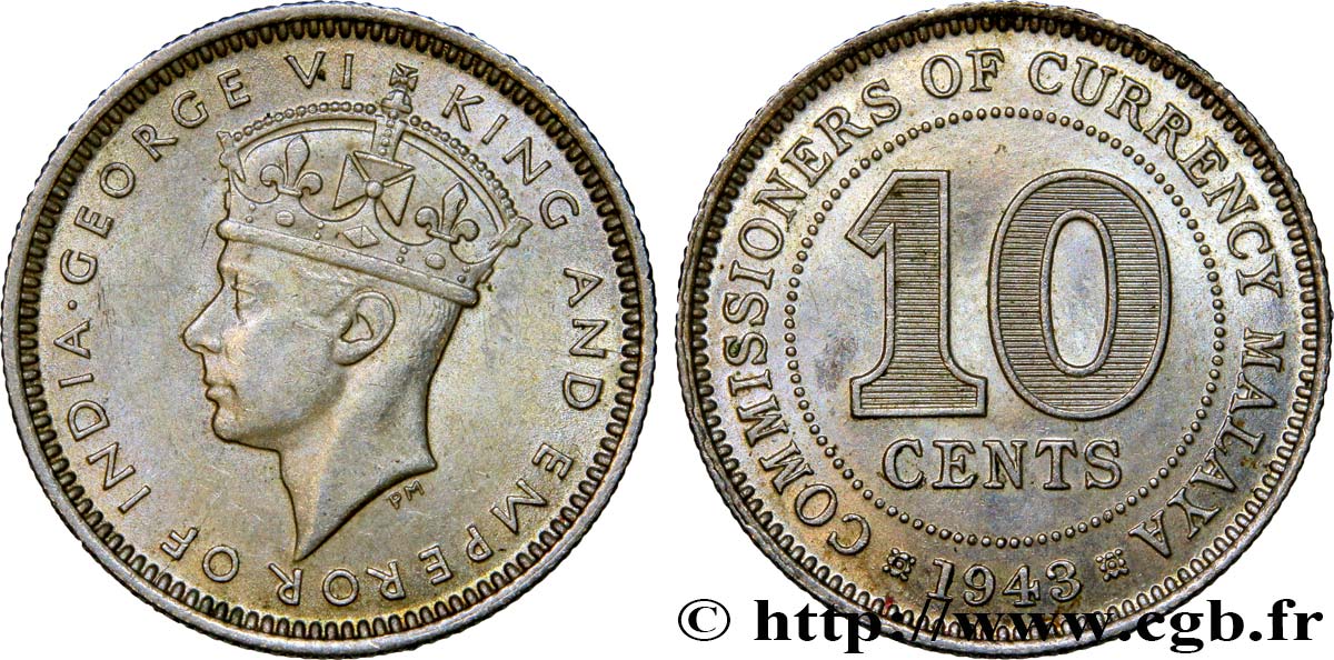 MALAYA 10 Cents Georges VI 1943  fST 
