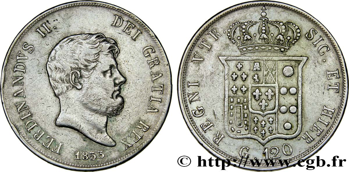 ITALY - KINGDOM OF TWO SICILIES 120 Grana Ferdinand II 1853 Naples XF 