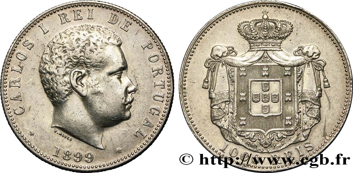 PORTUGAL 1000 Reis Charles Ier 1899  fVZ 