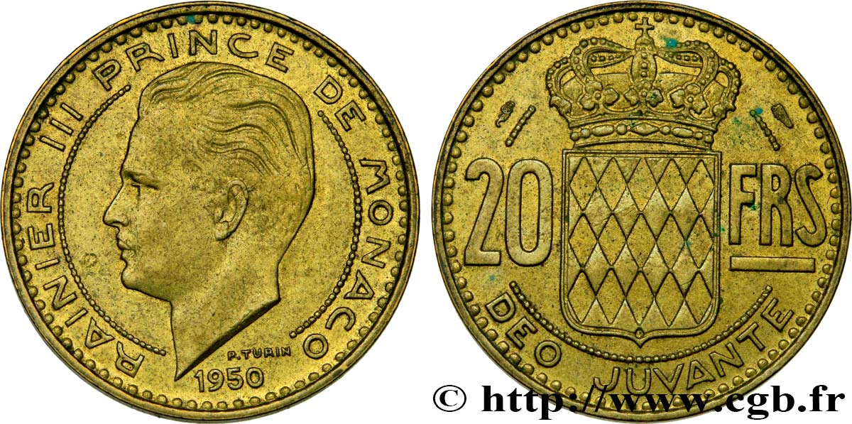 MONACO 20 Francs Rainier III 1950 Paris fVZ 