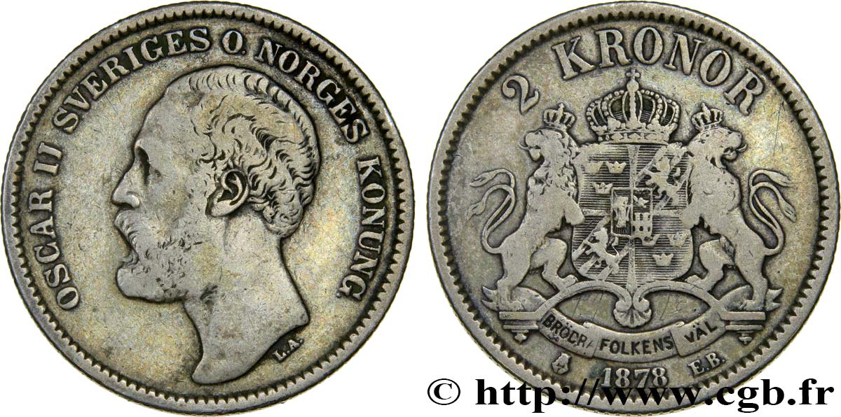 SWEDEN 2 Kronor Oscar II 1878  VF 