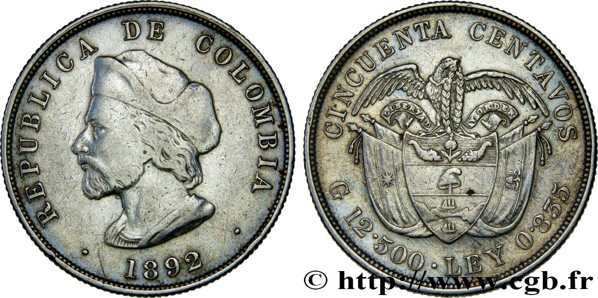 COLOMBIA 50 Centavos 1892  XF/AU 