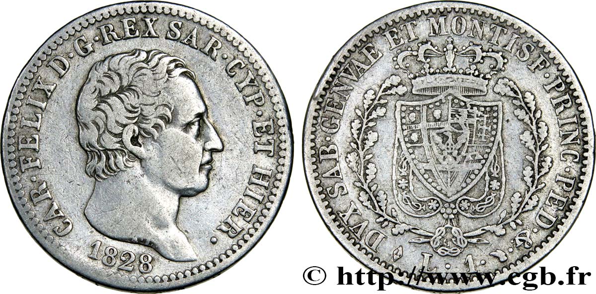 ITALY - KINGDOM OF SARDINIA 1 Lire Charles-Félix 1828 Turin XF 