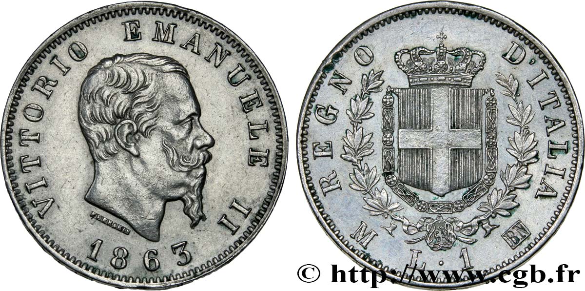 ITALIA - REINO DE ITALIA - VÍCTOR-MANUEL II 1 Lire  1863 Milan EBC 
