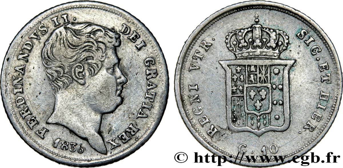 ITALY - KINGDOM OF THE TWO SICILIES 10 Grana Ferdinand II 1836  XF 