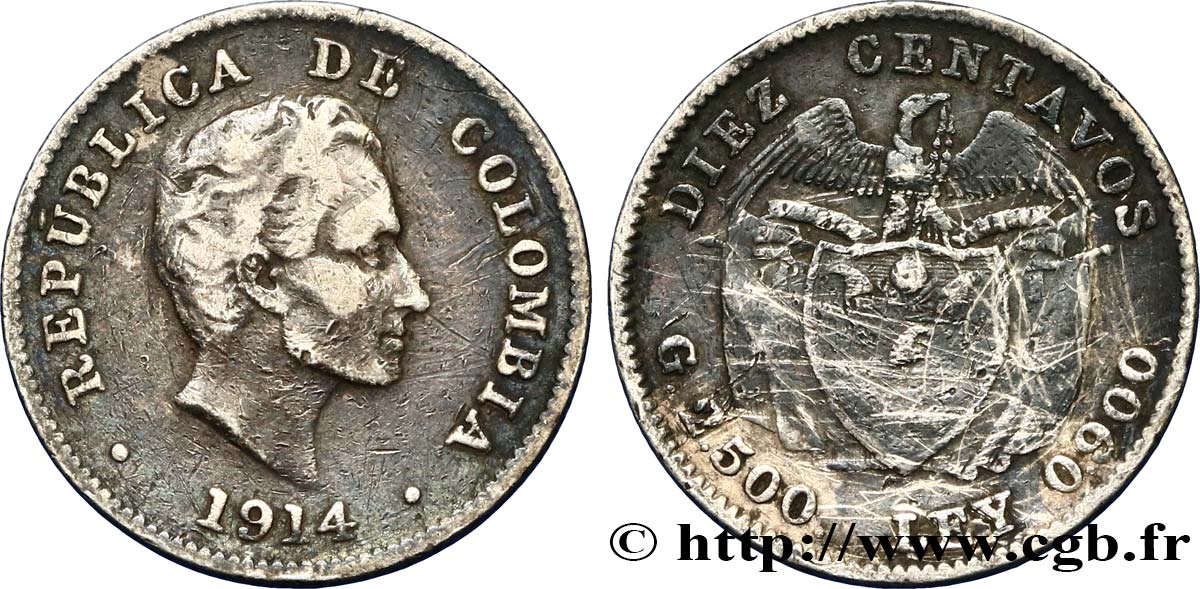 COLOMBIA 10 Centavos Simon Bolivar 1914 Birmingham VF 