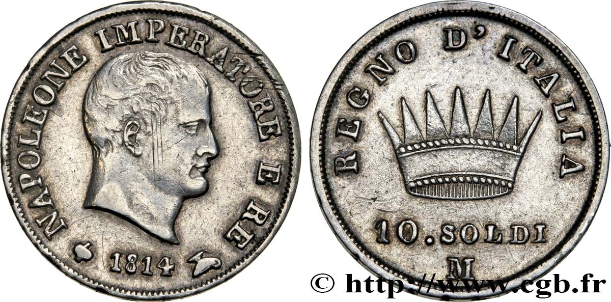 ITALY - KINGDOM OF ITALY - NAPOLEON I 10 Soldi 1814 Milan  XF 