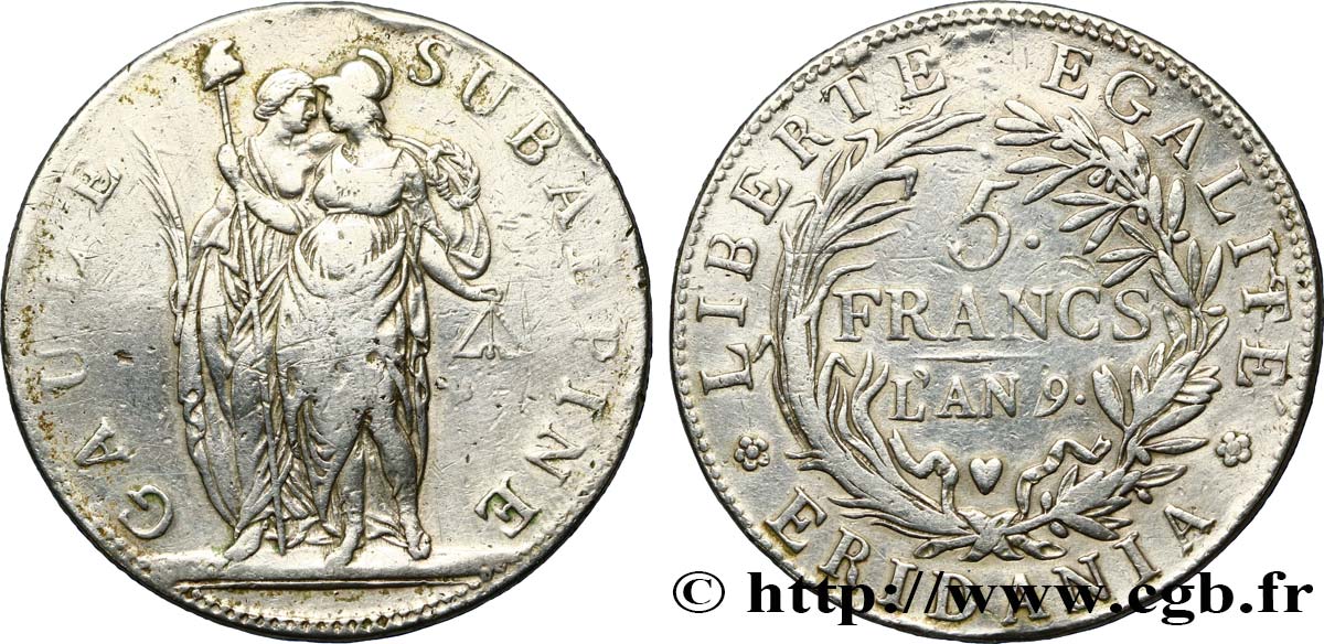 ITALIA - GALIA SUBALPINA 5 Francs an 9 1801 Turin MB 