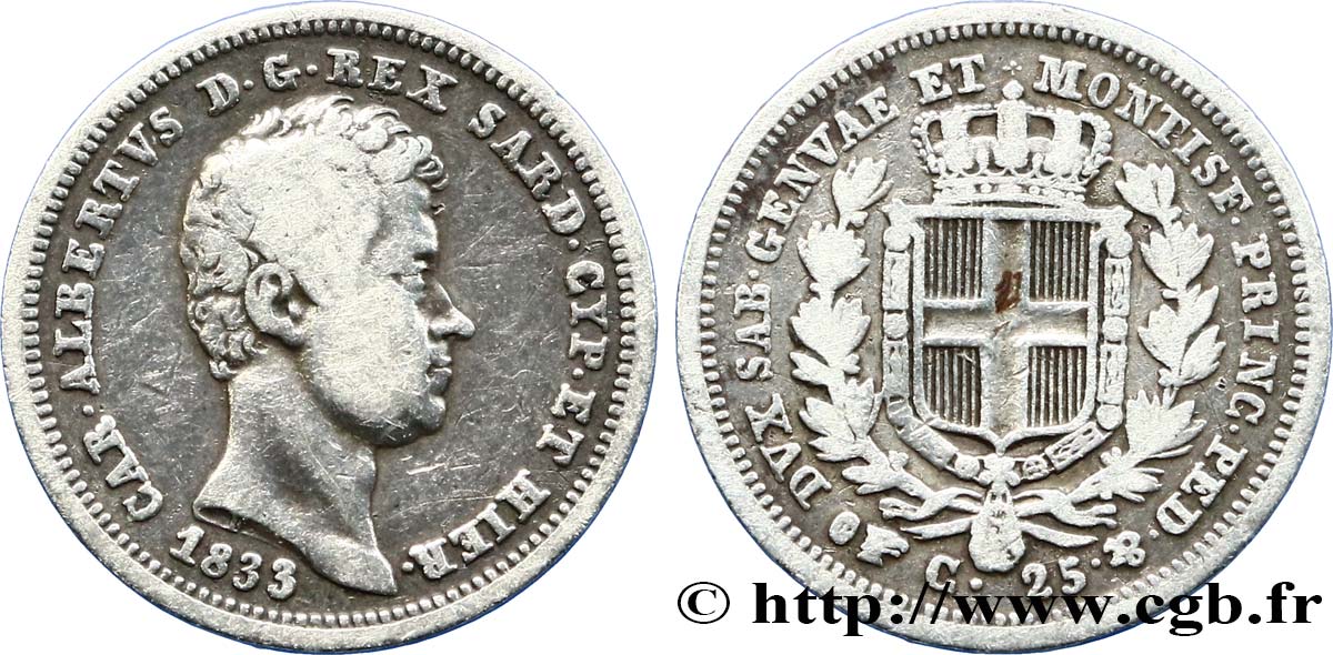 ITALIE - ROYAUME DE SARDAIGNE 25 Centesimi Charles Albert 1833 Turin TB+ 