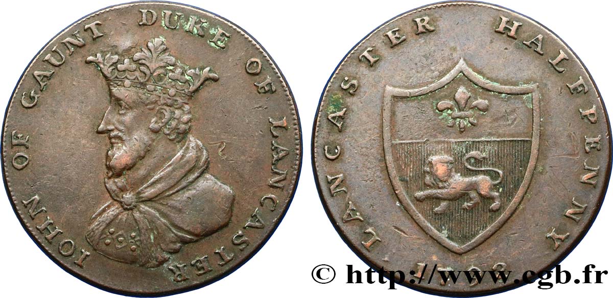 BRITISH TOKENS OR JETTONS 1/2 Penny Lancaster, Jean de Gand 1792  XF/VF 