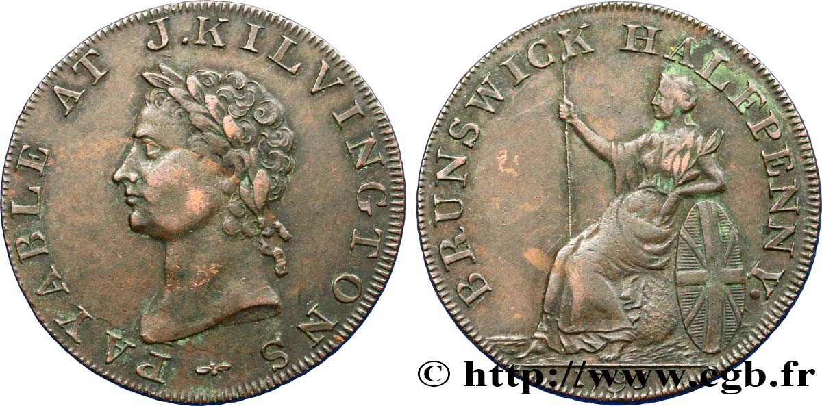 BRITISH TOKENS OR JETTONS 1/2 Penny Londres John Kilvingston 1795  XF 