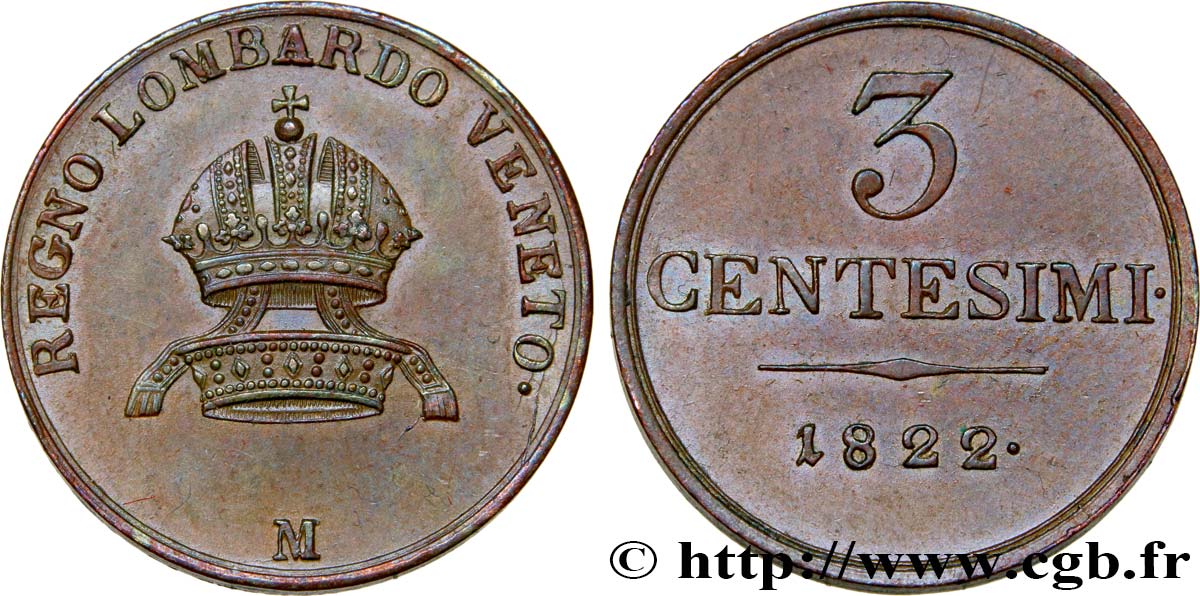 ITALIA - LOMBARDIA-VENECIA 3 Centesimi 1822 Milan - M EBC 