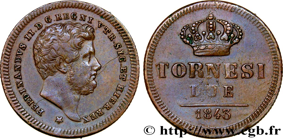 ITALIA - REINO DE LAS DOS SICILIAS 2 Tornesi Ferdinand II 1843 Naples MBC 