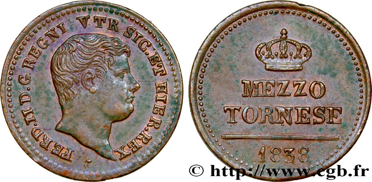 ITALY - KINGDOM OF TWO SICILIES 1/2 Tornese Ferdinand II 1838 Naples AU 