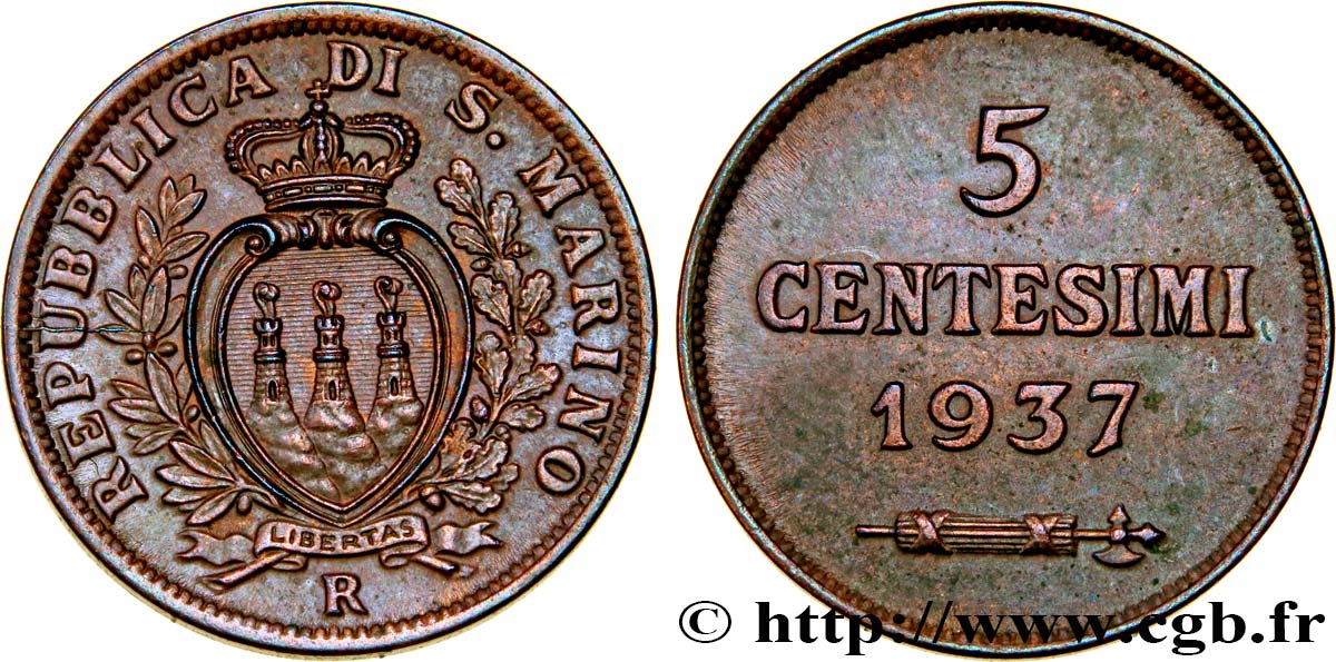SAINT-MARIN 5 Centesimi 1937 Rome SUP 