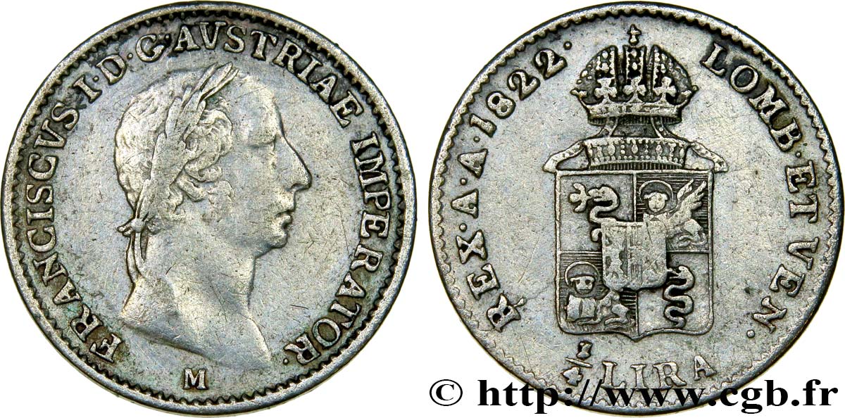 ITALY - LOMBARDY-VENETIA 1/4 Lire François Ier d’Autriche 1822 Milan VF 