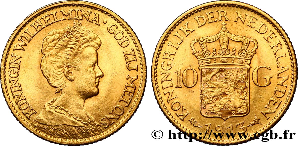 NETHERLANDS 10 Gulden Wilhelmina 1913 Utrecht AU 