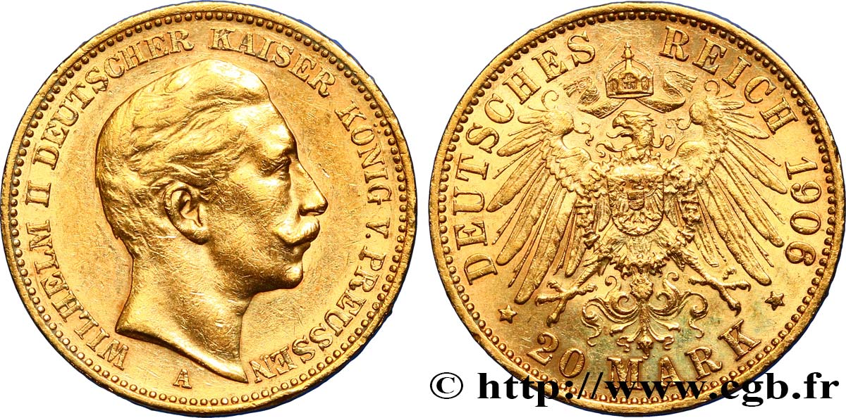 GERMANY - PRUSSIA 20 Mark Guillaume II 1906 Berlin XF 