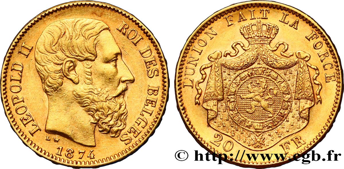 BELGIEN 20 Francs Léopold II 1874 Bruxelles VZ 