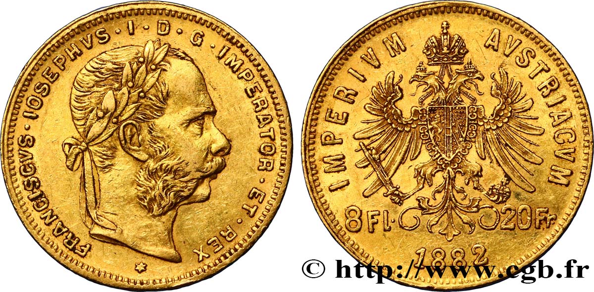 AUSTRIA 8 Florins ou 20 Francs François-Joseph Ier 1882 Vienne XF 