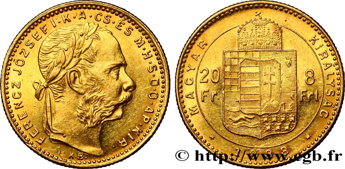 UNGARN 20 Francs or ou 8 Forint François-Joseph Ier 1888 Kremnitz VZ 