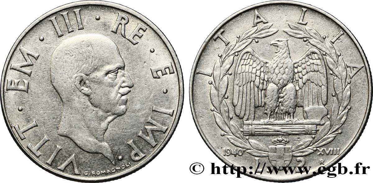 ITALY 2 Lire Victor Emmanuel III an XVIII / aigle faisceau de licteur 1940 Rome - R AU 