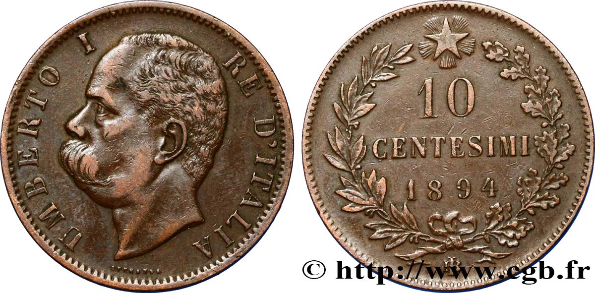 ITALY 10 Centesimi Humbert Ier 1894 Birmingham XF 
